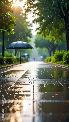 Rain-drenched park path at dawn
