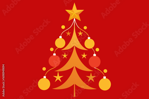 Festive vector illustration of a Christmas tree decorated with red balls, a star, and snowflakes for a winter holiday greeting card