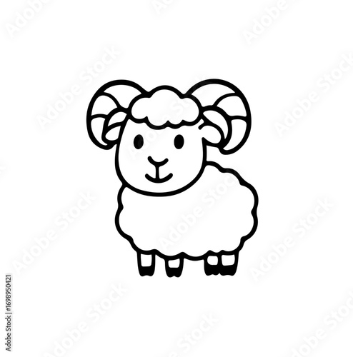 Cartoon ram vector outline with big curved horns in doodle style. Transparent fill, no white color inside. Perfect for coloring pages, stickers, icons, and farm animal vector graphics.