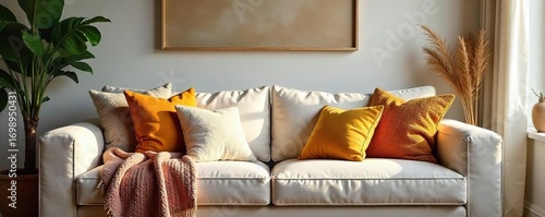Cozy living room styled with plush throw pillows, soft blankets, and textured cushions on a comfortable sofa, creating a warm and inviting atmosphere , traditional, yellow