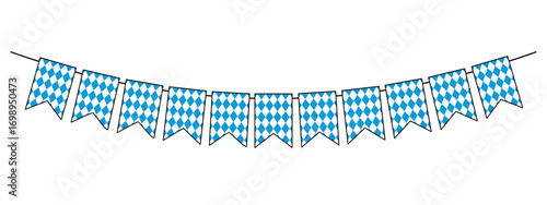 Oktoberfest garland in Bavarian flag colors, festive bunting for traditional German beer festival with blue and white rhombus, vector decorative element