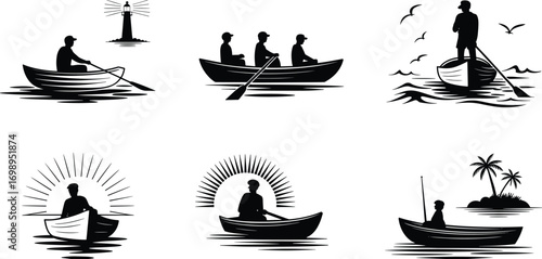 Rowing Boat Silhouette Vector Illustration, Fishermen, Lighthouse, Sunrise Scenes and Tropical Island Views, Sea Adventure and Nautical Travel Concept in Black and White