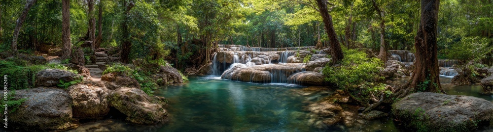 Fototapeta premium Lush tropical forest with a cascading waterfall