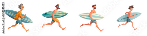 Cartoon surfers running with surfboards ready to catch the perfect wave, summer beach fun and adventure for all ages, vibrant surfing lifestyle illustration