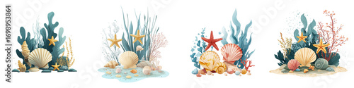 Nautical charm and coastal elegance: Seashells, starfish, and coral arrangements evoke ocean tranquility and beachside bliss for summer designs and seaside celebrations