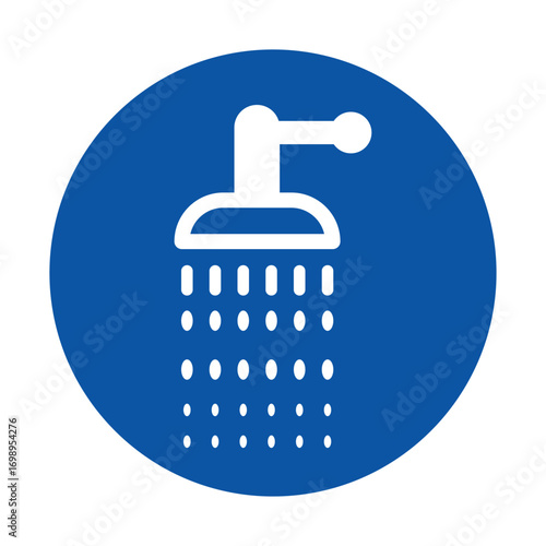 Simple Graphic of Shower Head with Water Droplets on Blue Background
