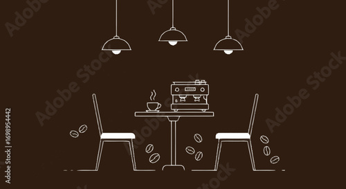 Outline Coffee Shop Scene – Minimal Cafe Interior with Espresso Machine
