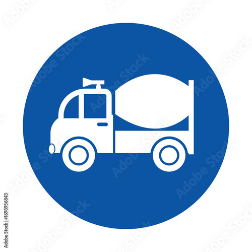 White Concrete Mixer Truck Icon on Blue Circular Background
