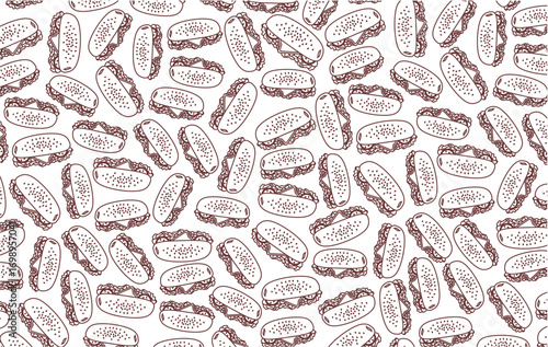 Seamless pattern of hot dogs with sesame seed buns, lettuce, and filling. Hand-drawn food background design in simple line art style, perfect for fast food themes, restaurant decoration and packaging.