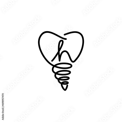 Minimalist line art logo featuring the letter "H" inside a tooth shape with a dental implant base, symbolizing modern dentistry and implant care.