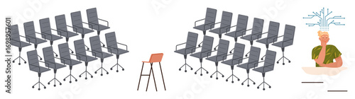 Rows of office chairs facing a single stool and person contemplating, symbolizing innovation, leadership, education, and growth. Ideal for creativity, leadership, learning, focus vision management