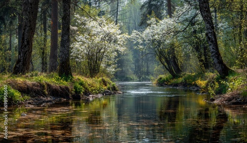 Tranquil forest stream in spring.  Blooming trees flank a clear, reflective waterway.  Misty atmosphere