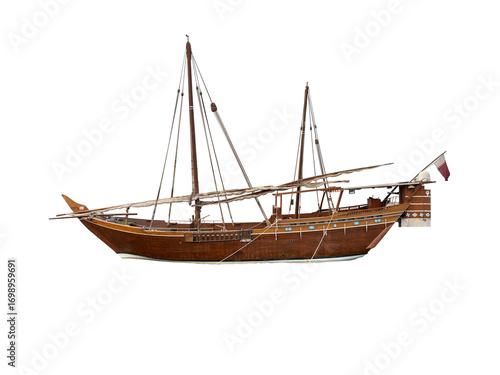 A meticulously detailed studio shot of a traditional Qatari dhow, showcasing its rich, dark wood, intricate carvings, billowing sails, and the Qatari flag proudly displayed