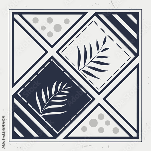 Geometric arrangement features diagonal stripes, circular dots, and botanical leaves in a square vector