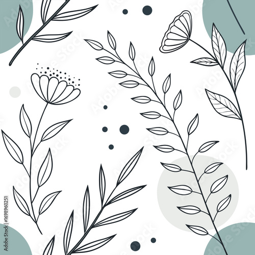 Linear black wildflower pattern with muted teal circles on a white background creates harmony