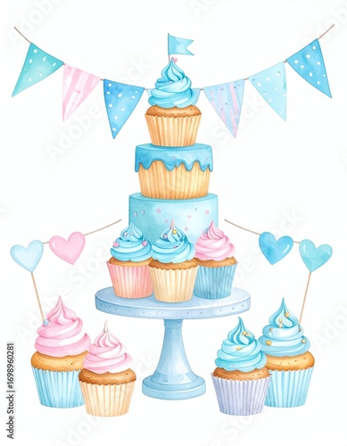 Watercolor illustration of a tiered cake and cupcakes decorated with pastel blue and pink frosting, surrounded by bunting and