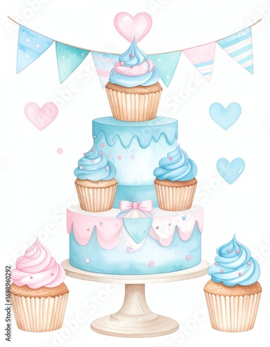 Watercolor illustration of a three tiered cake decorated with cupcakes, bunting, and hearts. Pastel blue and pink color scheme