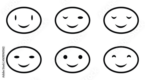 Minimalist Smiley Face Icon Set - Cute Emoji Expressions. Simple Happy Face Line Art, Cartoon Character Emotion Symbols for Chat, Message, Social Media, Design Elements Vector Illustration.