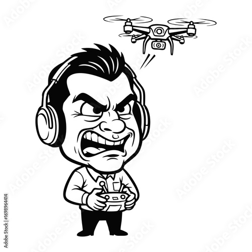 Angry man operating drone with controller.