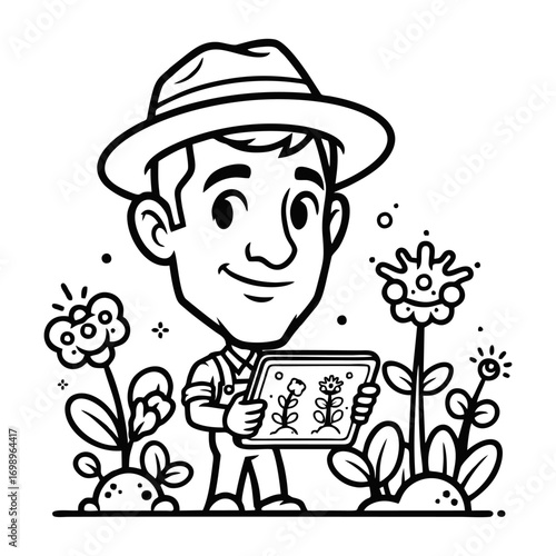 Cartoon Farmer Examining Plants with Tablet.