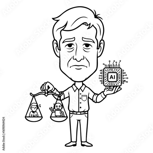 Man contemplates AI ethics and human-robot balance.