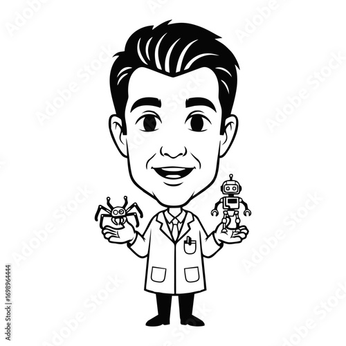 Smiling scientist holding robot and spider.
