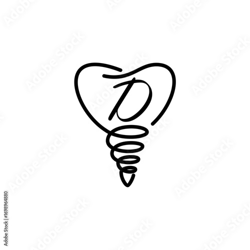 Minimalist line art logo featuring the letter "D" inside a tooth shape with a dental implant base, symbolizing modern dentistry and implant care.