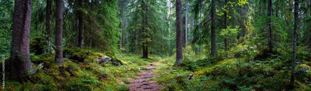 Fototapeta premium Lush forest path, dense trees, moss-covered ground