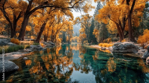 Wallpaper Mural Vibrant autumn colors reflect on a serene river surrounded by golden trees in a tranquil forest Torontodigital.ca