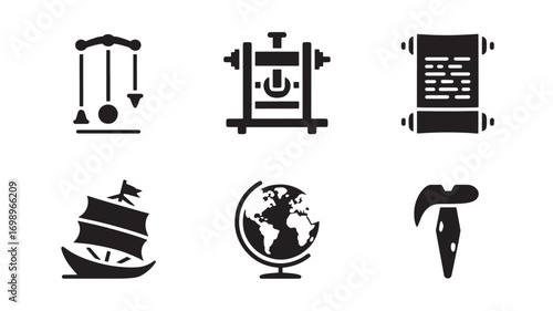Six glyph icons representing education travel and ancient cultures