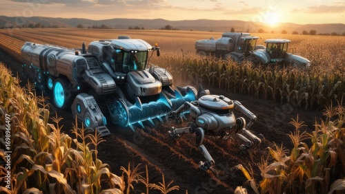 Next-Gen Farming: Autonomous Harvesters and Agile Robot with Blue Glow in Golden Cornfield