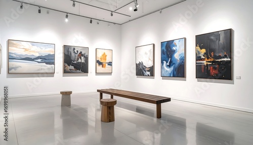 Fototapeta Naklejka Na Ścianę i Meble -  Gallery space with six abstract paintings hung along a wall, two wood stools, and a bench