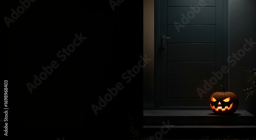 A glowing carved pumpkin with a spooky face sits on dark steps in front of a modern grey door at night, surrounded by deep shadows and eerie ambiance.