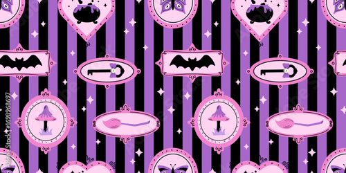 Seamless pastel goth Halloween pattern with mystical relics. Features bats, keys, mushrooms, cauldrons, butterflies, and stars in frames on purple and black stripes. Spooky gothic style wallapers.