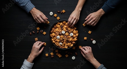 Four diverse hands gather around a central dark bowl, picking up a festive snack mix with square cereals, almonds, and cute ghost-shaped candies on a textured black surface.