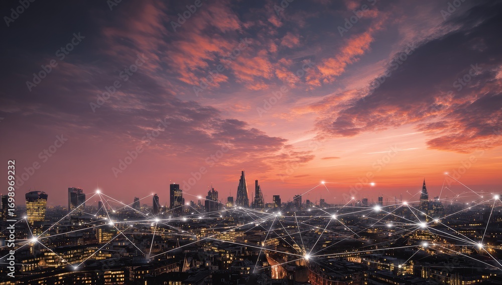 Fototapeta premium London cityscape at sunset, interconnected network