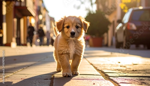 Fototapeta Naklejka Na Ścianę i Meble -  Adorable puppy walking down a city street on a sunny day