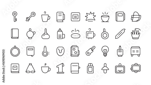 Set of 48 Minimalist Line Icons for Books Keys Coffee and More
