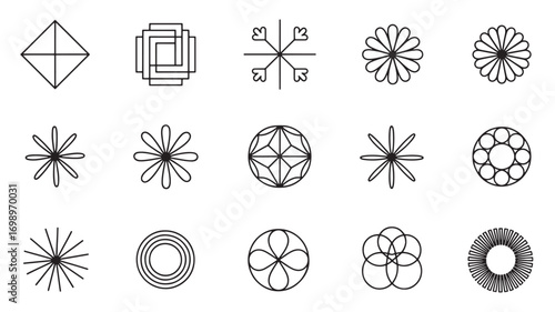 Collection of 15 unique geometric line art floral and abstract design elements