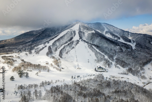 Wide shot of snow-covered ski slopes, chairlifts, and forests at a Japanese resort