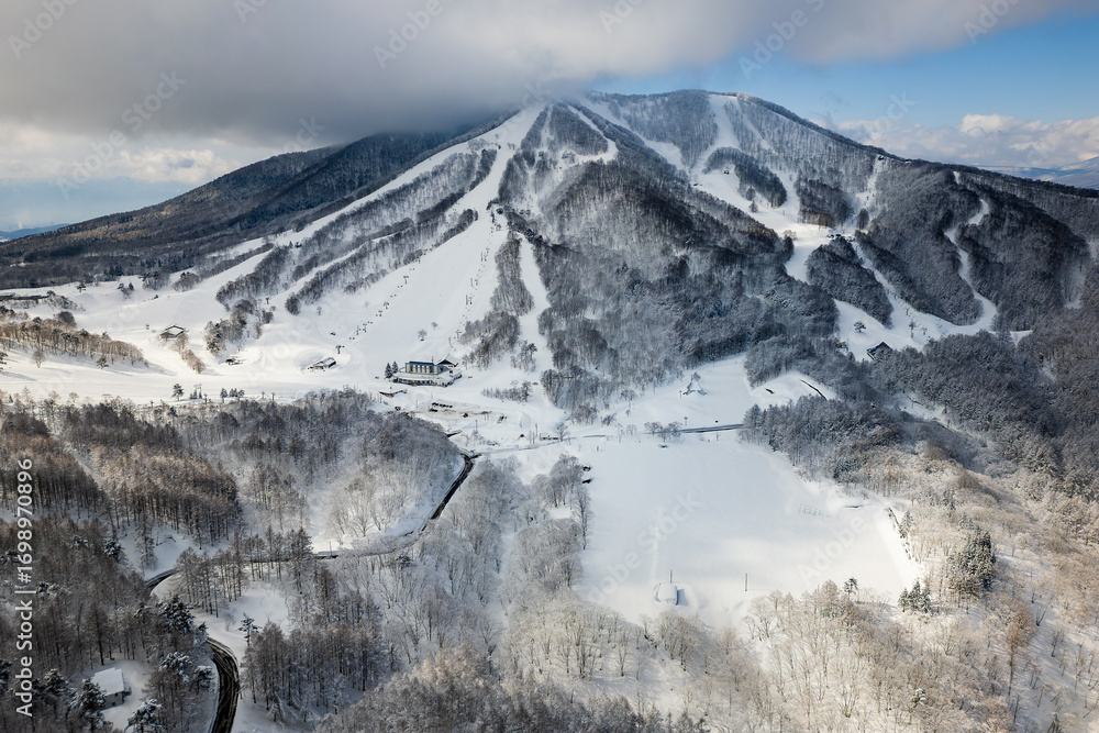 Fototapeta premium Snow-covered mountain with ski pistes, chairlifts, and forest in Japan