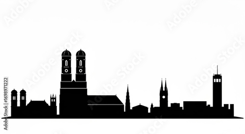 Silhouette of a city skyline featuring prominent churches and a tall tower in black and white style created with generative ai