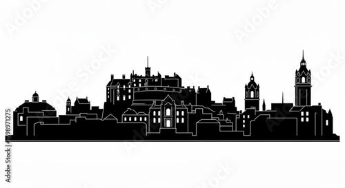 Silhouette of a cityscape with various buildings and towers against a white background view of city created with generative ai