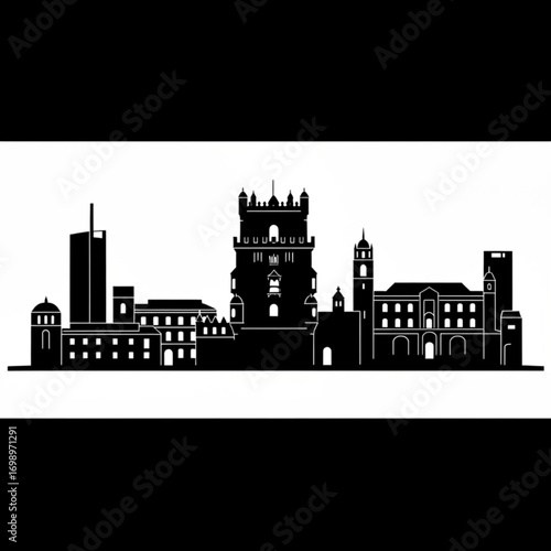 Black silhouette of lisbon skyline featuring various buildings and structures against a white background created with generative ai