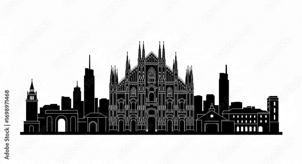 Obraz premium Black silhouette of milan skyline featuring the duomo cathedral and other buildings on a white background created with generative ai