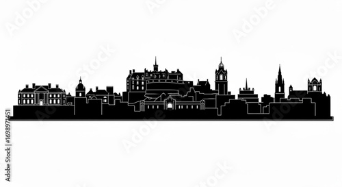 Black silhouette of a city skyline featuring various buildings and architectural structures in detail view created with generative ai