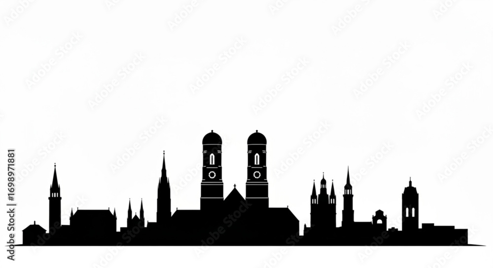 Fototapeta premium Black silhouette of a city skyline featuring towers, spires, and various architectural structures created with generative ai
