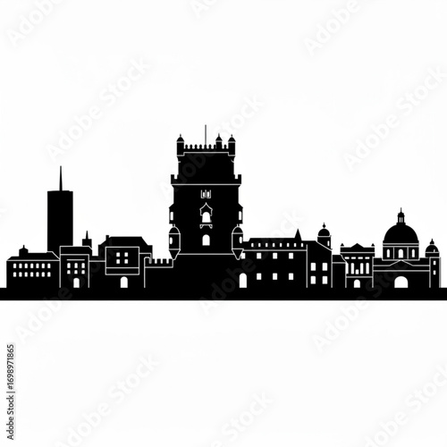 Black silhouette of a city skyline featuring a prominent tower and various architectural styles seen afar created with generative ai