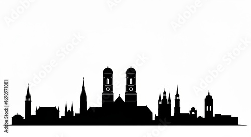 Black silhouette of a city skyline featuring towers, spires, and various architectural structures created with generative ai