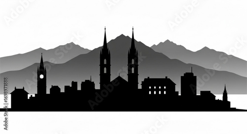 Silhouette of a city skyline with mountains in the background featuring church spires and clock tower view created with generative ai